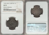 George II "Lima" Shilling 1745 AU53 NGC, KM583.2. Gunmetal-gray with a slight bluing throughout the obverse surfaces. Sold with old collector's envelo...