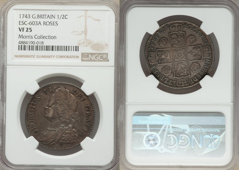 George II 1/2 Crown 1743 VF25 NGC, KM584.1, ESC-603A. Olive-colored with a gener...