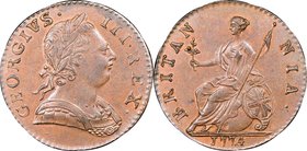 George III 1/2 Penny 1774 MS63 Brown NGC, KM601, S-3774. Toned to a rich brown with contrasting elements of lustrous red near and within the legends. ...