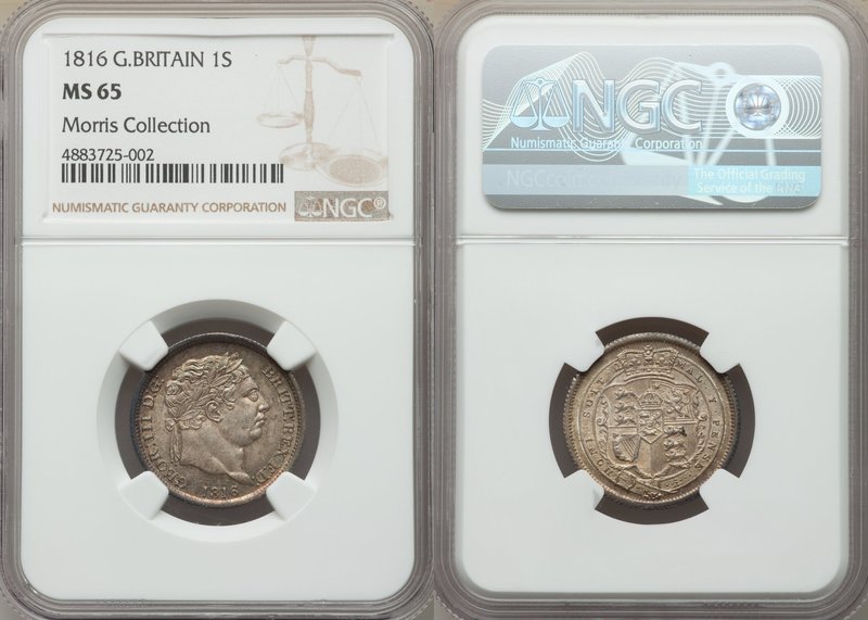 George III Shilling 1816 MS65 NGC, KM666, S-3790. Sharply struck and evenly tone...