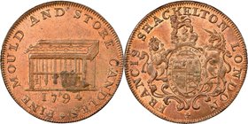 Middlesex. Shackelton's copper 1/2 Penny Token 1794 MS63 Red and Brown NGC, D&H-477. Edge: PAYABLE IN SUFFOLK. Pleasing bright-dark contrasts exist be...
