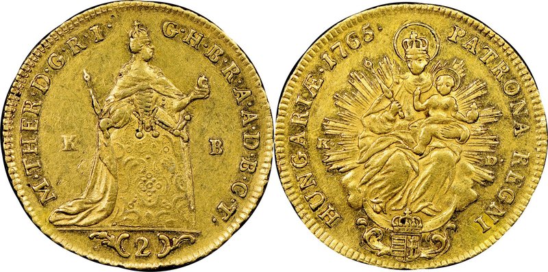 Maria Theresa gold 2 Ducat 1765-KB AU58 NGC, Kremnitz mint, KM379. Highly lustro...