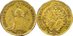 Maria Theresa gold 2 Ducat 1765-KB AU58 NGC, Kremnitz mint, KM379. Highly lustrous with a pronounced shimmer bathing the legends and peripheries of th...