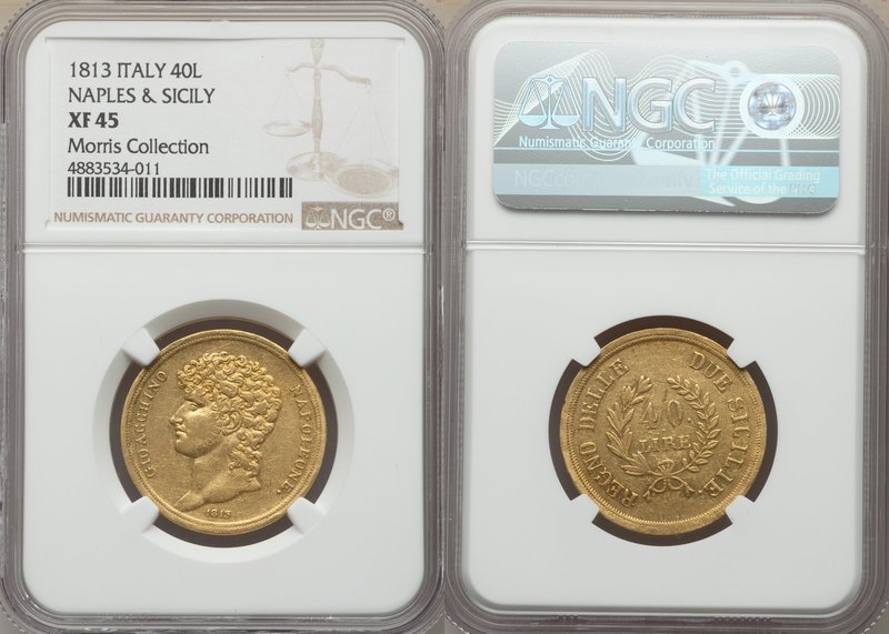 Naples & Sicily. Joachim Murat gold 40 Lire 1813 XF45 NGC, KM266. An admirable e...