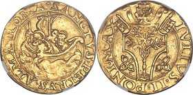Papal States. Julius II (1503-1513) gold Fiorino di Camera ND AU55 NGC, Rome mint, Fr-40, B-562. 21mm. 3.47gm. IVLIVS • II • PONT • MAX, coat of arms ...