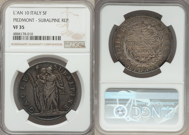 Piedmont. Subalpine Republic 5 Francs L'AN 10 (1801) VF35 NGC, KM-C4, Mont-10, G...