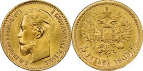Nicholas II gold 5 Roubles 1903-AP MS65 NGC, St. Petersburg mint, KM-Y62. AGW 0.1245 oz. From the Morris Collection

HID09801242017
