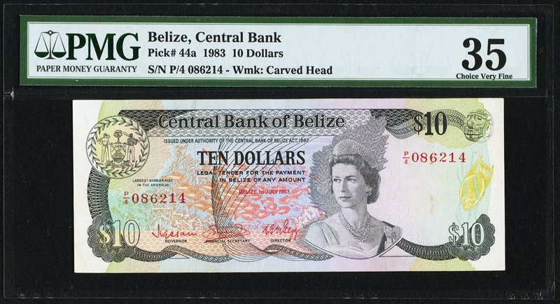 Belize Central Bank 10 Dollars 1.7.1983 Pick 44a PMG Choice Very Fine 35. 

HID0...
