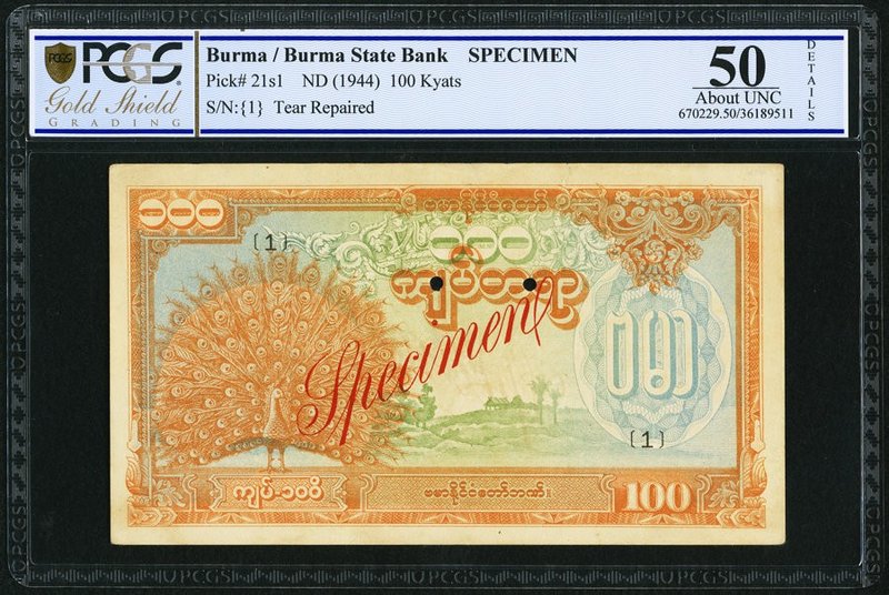 Burma Burma State Bank 100 Kyats ND (1944) Pick 21s1 Specimen PCGS Gold Shield A...