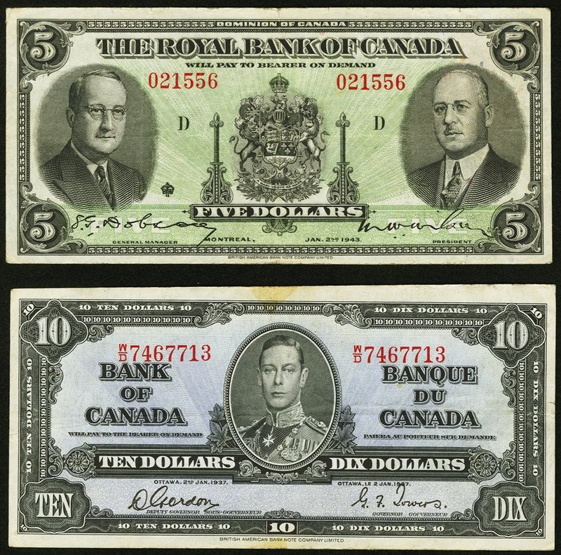 Canada Royal Bank of Canada $5 1943 Ch.# 630-20-02 Very Fine, pinholes, minor ed...