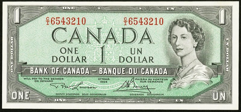 Canada Bank of Canada $1 1954 BC-37d About Uncirculated. Descending ladder seria...