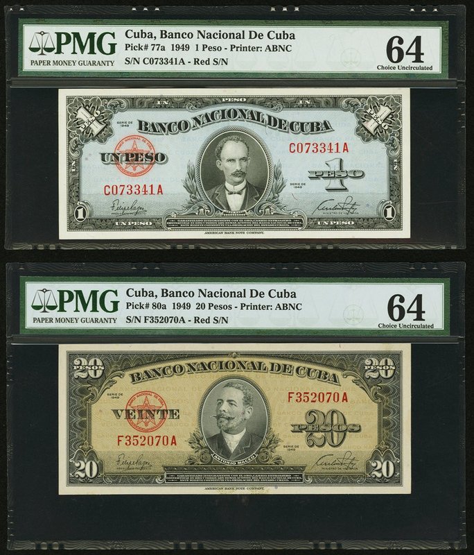 Cuba Banco Nacional de Cuba Lot Of Five PMG Graded Examples. 1 Peso 1949 Pick 77...