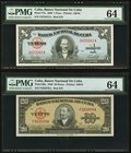 Cuba Banco Nacional de Cuba Lot Of Five PMG Graded Examples. 1 Peso 1949 Pick 77a PMG Choice Uncirculated 64; 20 Pesos 1949 Pick 80a PMG Choice Uncirc...