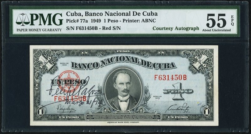 Cuba Banco Nacional de Cuba 1 Peso 1949 Pick 77a "Courtesy Autograph" PMG About ...
