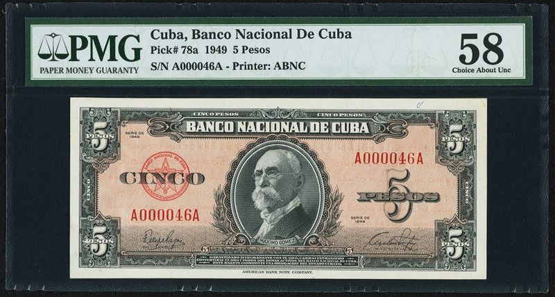 Low Serial Number 46 Cuba Banco Nacional de Cuba 5 Pesos 1949 Pick 78a PMG Choic...