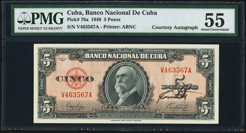 Cuba Banco Nacional de Cuba 5 Pesos 1949 Pick 78a "Courtesy Autograph" PMG About...