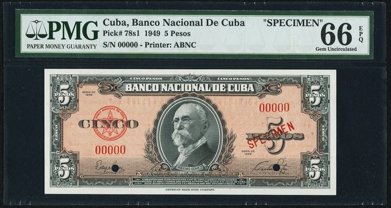 Cuba Banco Nacional de Cuba 5 Pesos 1949 Pick 78s1 Specimen PMG Gem Uncirculated...
