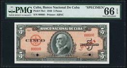 Cuba Banco Nacional de Cuba 5 Pesos 1949 Pick 78s1 Specimen PMG Gem Uncirculated 66 EPQ. Two POCs.

HID09801242017