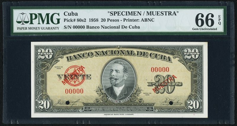 Cuba Banco Nacional de Cuba 20 Pesos 1958 Pick 80s2 Specimen PMG Gem Uncirculate...