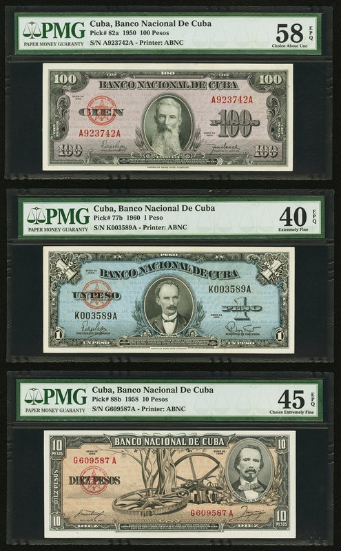 Cuba Banco Nacional de Cuba Lot Of Six PMG Graded Examples. 100 Pesos 1950 Pick ...