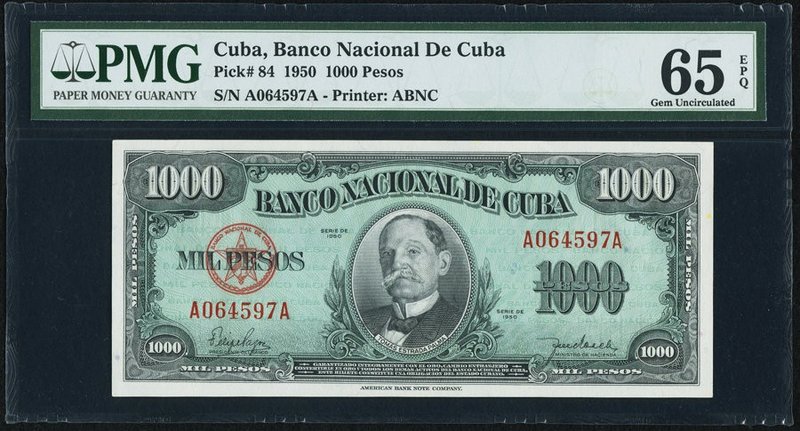 Cuba Banco Nacional de Cuba 1000 Pesos 1950 Pick 84 PMG Gem Uncirculated 65 EPQ....