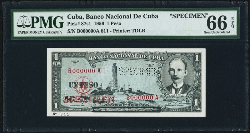 Cuba Banco Nacional de Cuba 1 Peso 1956 Pick 87s1 Specimen PMG Gem Uncirculated ...