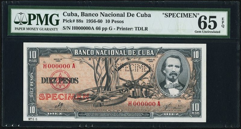 Cuba Banco Nacional de Cuba 10 Pesos 1956-60 Pick 88s Specimen PMG Gem Uncircula...
