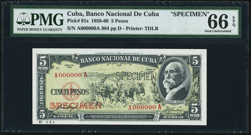 Cuba Banco Nacional de Cuba 5 Pesos 1958-60 Pick 91s Specimen PMG Gem Uncirculat...