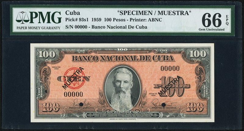 Cuba Banco Nacional de Cuba 100 Pesos 1959 Pick 93s1 Specimen PMG Gem Uncirculat...