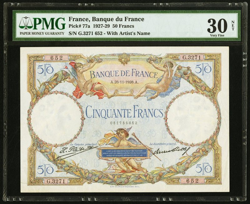 France Banque de France 50 Francs 28.11.1928 Pick 77a PMG Very Fine 30 Net. Tear...