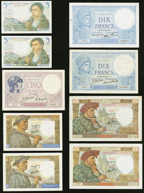 Thirteen Notes from France Issued from the 1920s Through the 1940s. Fine or Bett...