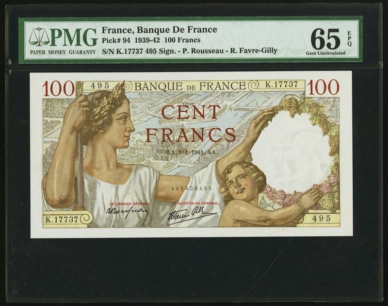 France Banque de France 100 Francs 9.1.1941 Pick 94 PMG Gem Uncirculated 65 EPQ....