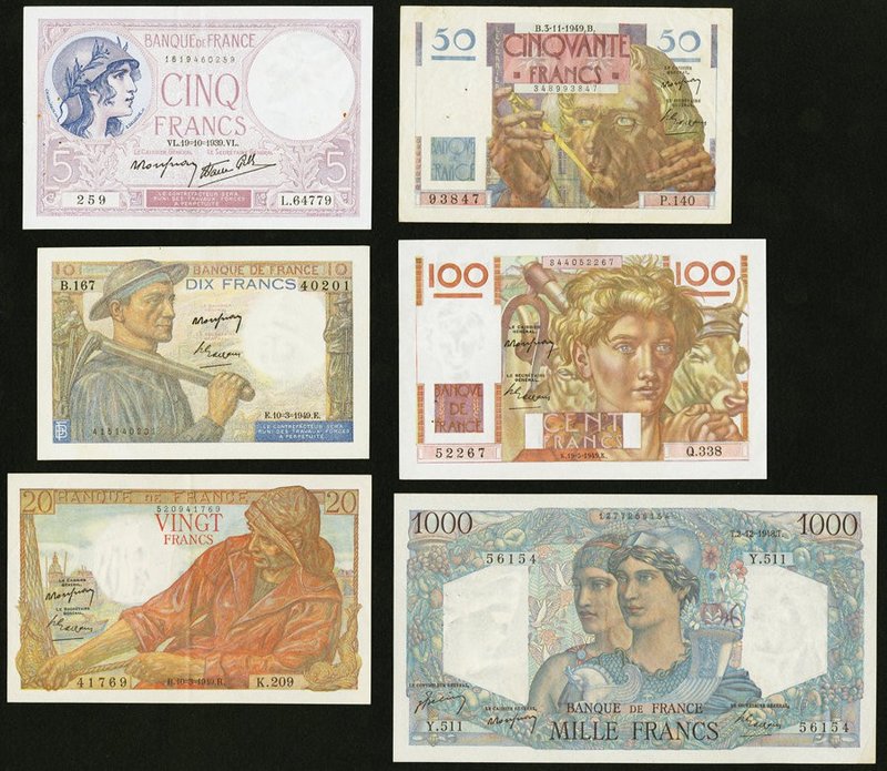 Six Notes from France Issued During the 1930s and 1940s. Fine or Better. 

HID09...