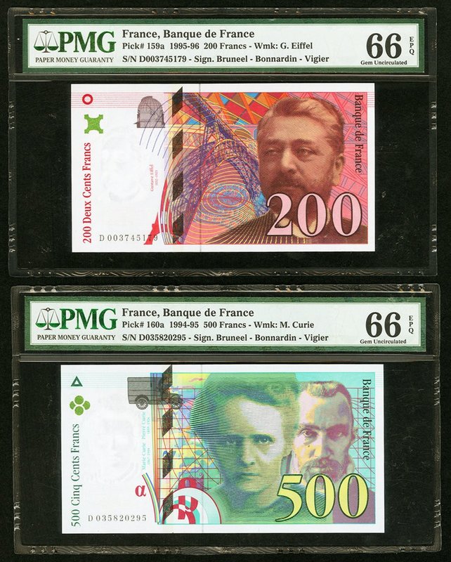 France Banque de France 200; 500 Francs 1995-96; 1994-95 Pick 159a; 160a Two Exa...