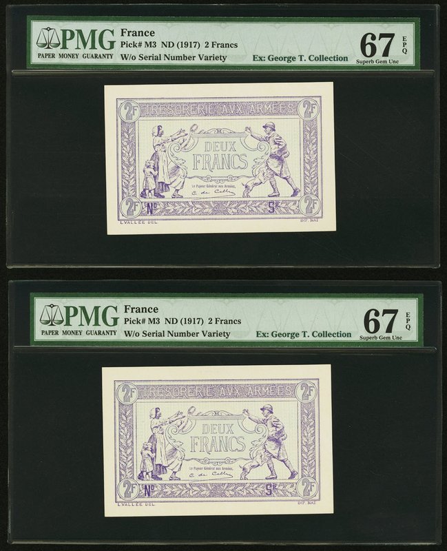 France Tresorerie Aux Armees 2 Francs ND (1917) Pick M3 Two Examples PMG Superb ...