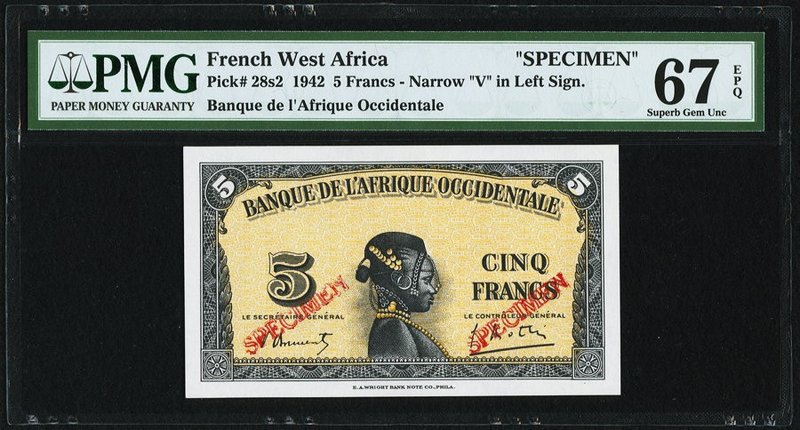 French West Africa Banque de l'Afrique Occidentale 5 Francs 1942 Pick 28s2 Speci...