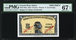French West Africa Banque de l'Afrique Occidentale 5 Francs 1942 Pick 28s2 Specimen PMG Superb Gem Unc 67 EPQ. 

HID09801242017