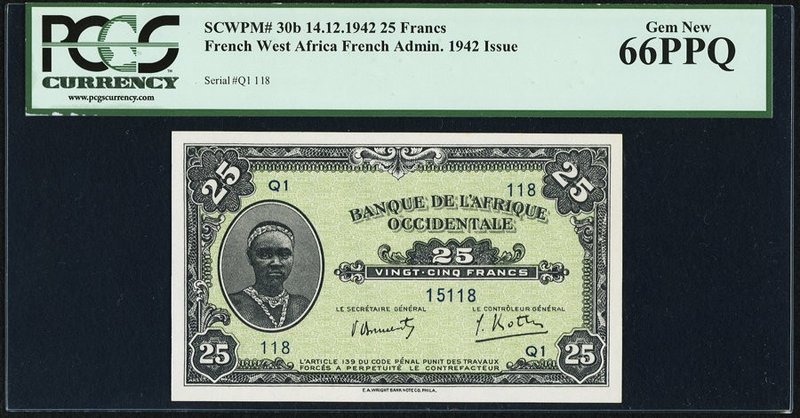 French West Africa Banque de l'Afrique Occidentale 25 Francs 14.12.1942 Pick 30b...