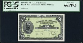 French West Africa Banque de l'Afrique Occidentale 25 Francs 14.12.1942 Pick 30b PCGS Gem New 66PPQ. 

HID09801242017