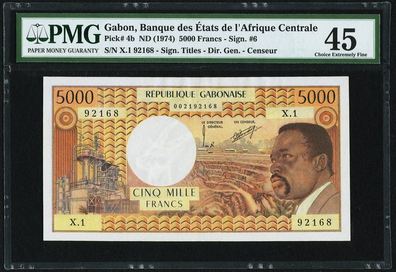 Gabon Banque des Etats de l'Afrique Centrale 5000 Francs ND (1974) Pick 4b PMG C...