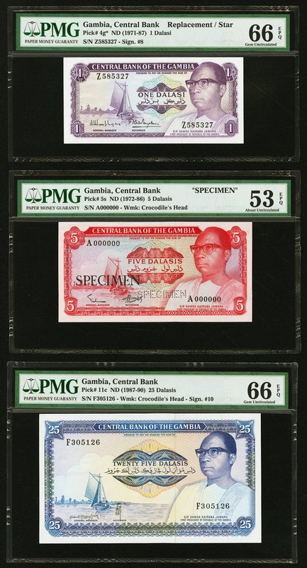 Gambia Central Bank of Gambia Lot Of Three PMG Graded Examples. 1 Dalasi ND (197...