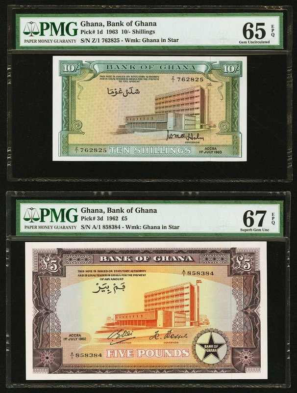 Ghana Bank of Ghana 10 Shillings; 5 Pounds 1963; 1962 Pick 1d; 3d PMG Gem Uncirc...