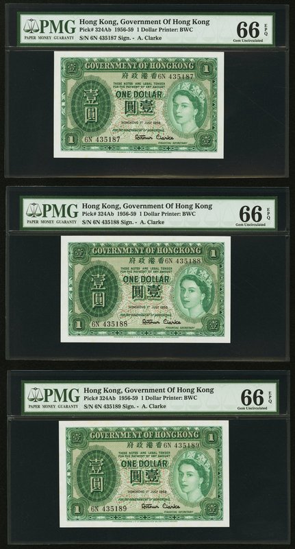 Hong Kong Government of Hong Kong 1 Dollar 1956-59 Pick 324Ab KNB19 Three Consec...
