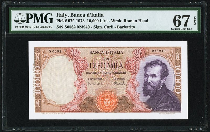 Italy Banca d'Italia 10,000 Lire 1973 Pick 97f PMG Superb Gem Unc 67 EPQ. 

HID0...