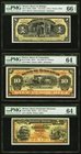 Lot Of Three PMG Graded Examples From Mexico. Banco De Hidalgo 1 Peso ND (1914) Pick S304b M368r Remainder PMG Gem Uncirculated 66 EPQ; Banco de Tamau...