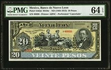 Mexico Banco de Nuevo Leon 20 Pesos 1893-1914 Pick S362d M436r PMG Choice Uncirculated 64 EPQ. Perforated "Cancelado".

HID09801242017