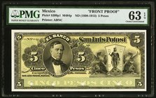 Mexico Banco de San Luis Potosi 5 Pesos ND (1898-1913) Pick S399p1 M484p Front Proof PMG Choice Uncirculated 63 EPQ. Four POCs.

HID09801242017