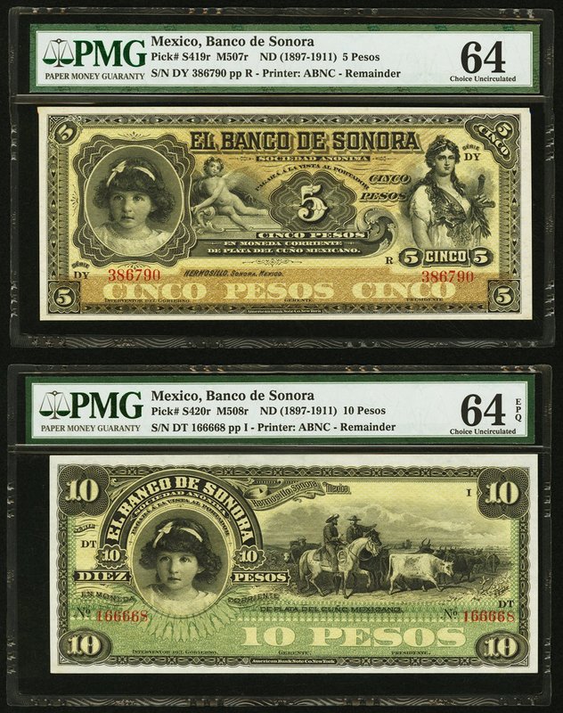 Mexico Banco de Sonora 5; 10 Pesos ND (1897-1911) Pick S419r; S420r M507r; M508r...