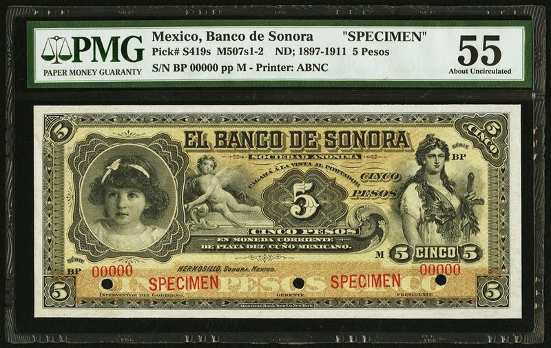 Mexico Banco de Sonora 5 Pesos ND (1897-1911) Pick S419s M507s Specimen PMG Abou...