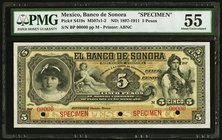 Mexico Banco de Sonora 5 Pesos ND (1897-1911) Pick S419s M507s Specimen PMG About Uncirculated 55. Pinholes; three POCs.

HID09801242017